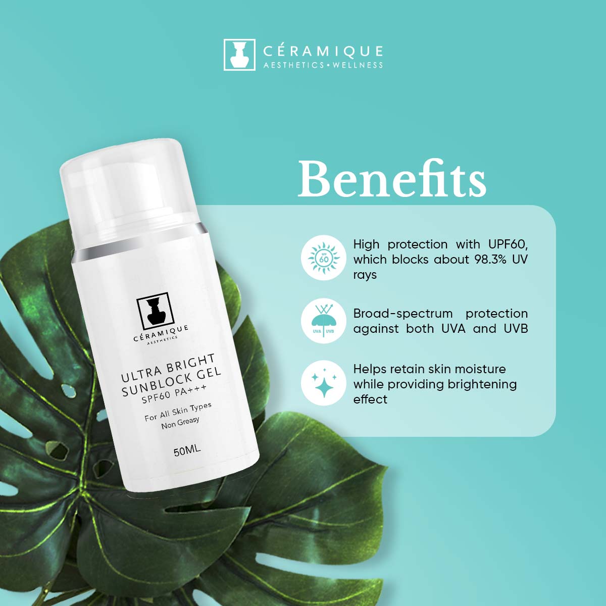 Ceramique Derma Aquadew Ultra Bright Sun Block Gel (SPF 60+++) | Natural