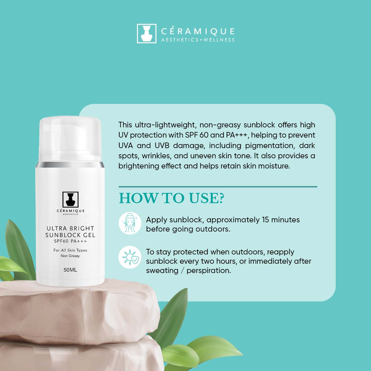 Ceramique Derma Aquadew Ultra Bright Sun Block Gel (SPF 60+++) | Natural